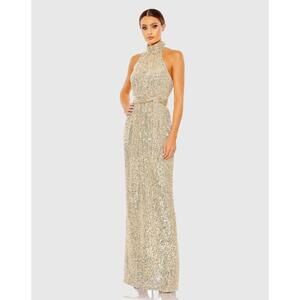 New Mac Duggal Gold Sequined Halter Neck Belted Soft Tie Gown In Champagne Sz 4